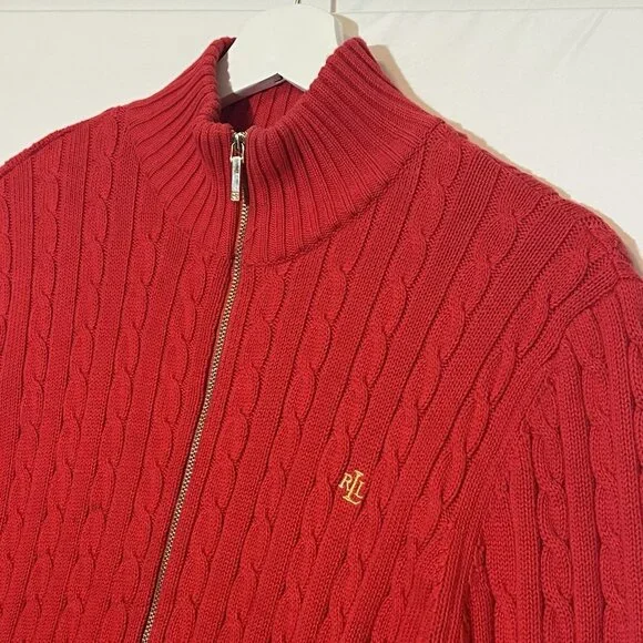 Ralph Lauren Women Sweater Cardigan Cable Knit Large Petite Red Christmas - Picture 9 of 13